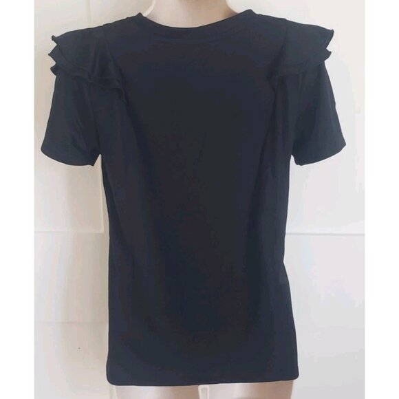 NWT BADGLEY MISCHKA BLACK BLOUSE FLOWER STONES DETAILS RUFFLE ACCENT TOP SMALL - Picture 5 of 9